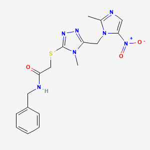 molecular formula C17H19N7O3S B11488813 N-benzyl-2-({4-methyl-5-[(2-methyl-5-nitro-1H-imidazol-1-yl)methyl]-4H-1,2,4-triazol-3-yl}sulfanyl)acetamide 