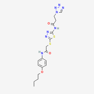 molecular formula C18H22N8O3S2 B11489498 N-[5-({2-[(4-butoxyphenyl)amino]-2-oxoethyl}sulfanyl)-1,3,4-thiadiazol-2-yl]-3-(1H-tetrazol-1-yl)propanamide 