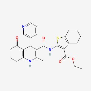 molecular formula C27H29N3O4S B11490808 Ethyl 2-({[2-methyl-5-oxo-4-(3-pyridyl)-1,4,5,6,7,8-hexahydro-3-quinolinyl]carbonyl}amino)-4,5,6,7-tetrahydro-1-benzothiophene-3-carboxylate 