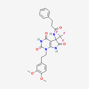 molecular formula C26H25F3N4O6 B11493214 N-{1-[2-(3,4-dimethoxyphenyl)ethyl]-2,4,6-trioxo-5-(trifluoromethyl)-2,3,4,5,6,7-hexahydro-1H-pyrrolo[2,3-d]pyrimidin-5-yl}-3-phenylpropanamide 
