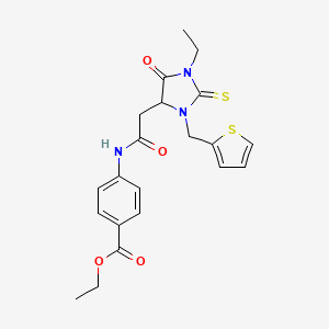 molecular formula C21H23N3O4S2 B11494387 Ethyl 4-({[1-ethyl-5-oxo-3-(thiophen-2-ylmethyl)-2-thioxoimidazolidin-4-yl]acetyl}amino)benzoate 