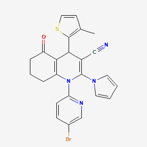 molecular formula C24H19BrN4OS B11499285 1-(5-bromopyridin-2-yl)-4-(3-methylthiophen-2-yl)-5-oxo-2-(1H-pyrrol-1-yl)-1,4,5,6,7,8-hexahydroquinoline-3-carbonitrile 