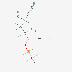 molecular formula C21H38O3Si2 B115054 alpha-[1-[tert-Butyldimethylsilyloxy]-3-(trimethylsilyl)-2-propynyl]-alpha'-ethynyl-alpha,alpha'-dimethyl-1,1-cyclopropanedimethanol CAS No. 1797112-19-6