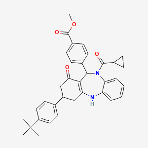 molecular formula C35H36N2O4 B11509841 methyl 4-[3-(4-tert-butylphenyl)-10-(cyclopropylcarbonyl)-1-oxo-2,3,4,5,10,11-hexahydro-1H-dibenzo[b,e][1,4]diazepin-11-yl]benzoate 