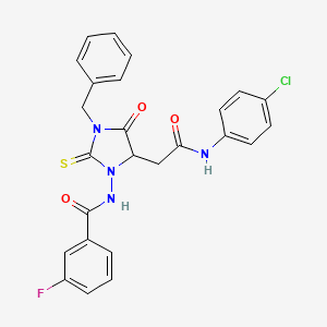 molecular formula C25H20ClFN4O3S B11510347 N-(3-benzyl-5-{2-[(4-chlorophenyl)amino]-2-oxoethyl}-4-oxo-2-thioxoimidazolidin-1-yl)-3-fluorobenzamide 