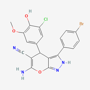 molecular formula C20H14BrClN4O3 B11510490 6-Amino-3-(4-bromophenyl)-4-(3-chloro-4-hydroxy-5-methoxyphenyl)-1,4-dihydropyrano[2,3-c]pyrazole-5-carbonitrile 