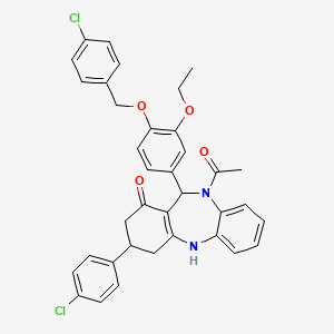molecular formula C36H32Cl2N2O4 B11511277 10-acetyl-11-{4-[(4-chlorobenzyl)oxy]-3-ethoxyphenyl}-3-(4-chlorophenyl)-2,3,4,5,10,11-hexahydro-1H-dibenzo[b,e][1,4]diazepin-1-one 