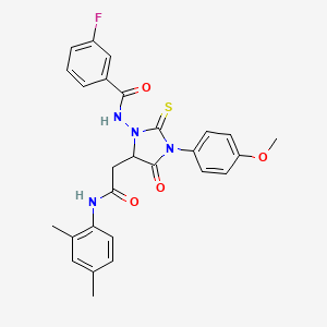 molecular formula C27H25FN4O4S B11511816 N-[5-{2-[(2,4-dimethylphenyl)amino]-2-oxoethyl}-3-(4-methoxyphenyl)-4-oxo-2-thioxoimidazolidin-1-yl]-3-fluorobenzamide 