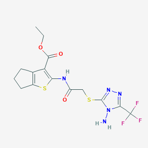 molecular formula C15H16F3N5O3S2 B11514066 ethyl 2-[({[4-amino-5-(trifluoromethyl)-4H-1,2,4-triazol-3-yl]sulfanyl}acetyl)amino]-5,6-dihydro-4H-cyclopenta[b]thiophene-3-carboxylate 