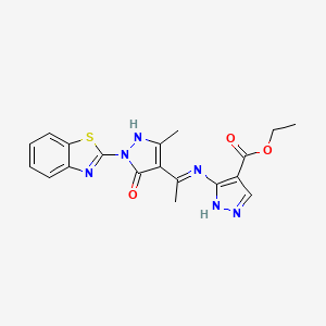 molecular formula C19H18N6O3S B11514511 ethyl 3-({(1Z)-1-[1-(1,3-benzothiazol-2-yl)-3-methyl-5-oxo-1,5-dihydro-4H-pyrazol-4-ylidene]ethyl}amino)-1H-pyrazole-4-carboxylate 