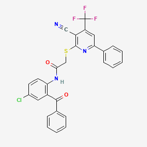 molecular formula C28H17ClF3N3O2S B11514516 N-[4-chloro-2-(phenylcarbonyl)phenyl]-2-{[3-cyano-6-phenyl-4-(trifluoromethyl)pyridin-2-yl]sulfanyl}acetamide 