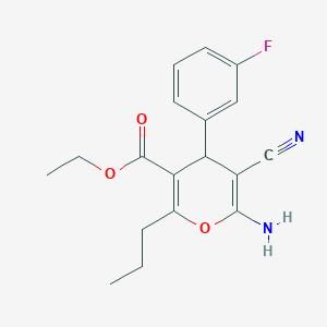 molecular formula C18H19FN2O3 B11516041 Ethyl 6-amino-5-cyano-4-(3-fluorophenyl)-2-propyl-4H-pyran-3-carboxylate 