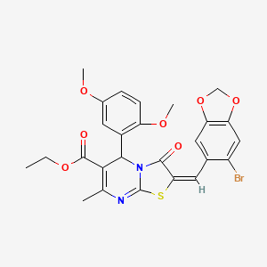 molecular formula C26H23BrN2O7S B11516837 ethyl (2E)-2-[(6-bromo-1,3-benzodioxol-5-yl)methylidene]-5-(2,5-dimethoxyphenyl)-7-methyl-3-oxo-2,3-dihydro-5H-[1,3]thiazolo[3,2-a]pyrimidine-6-carboxylate 