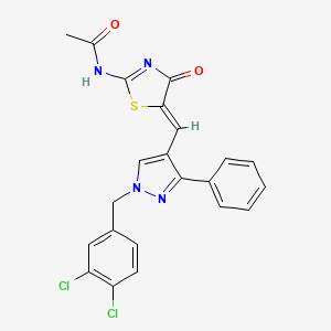 molecular formula C22H16Cl2N4O2S B11518814 N-[(2E,5Z)-5-{[1-(3,4-dichlorobenzyl)-3-phenyl-1H-pyrazol-4-yl]methylidene}-4-oxo-1,3-thiazolidin-2-ylidene]acetamide 
