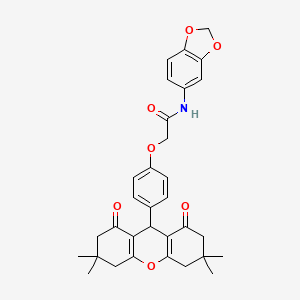 molecular formula C32H33NO7 B11518841 N-(1,3-benzodioxol-5-yl)-2-[4-(3,3,6,6-tetramethyl-1,8-dioxo-2,3,4,5,6,7,8,9-octahydro-1H-xanthen-9-yl)phenoxy]acetamide 