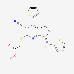 molecular formula C22H18N2O2S3 B11519454 ethyl {[(7E)-3-cyano-4-(thiophen-2-yl)-7-(thiophen-2-ylmethylidene)-6,7-dihydro-5H-cyclopenta[b]pyridin-2-yl]sulfanyl}acetate 