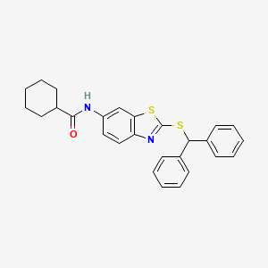 molecular formula C27H26N2OS2 B11520049 N-{2-[(diphenylmethyl)sulfanyl]-1,3-benzothiazol-6-yl}cyclohexanecarboxamide 