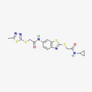 molecular formula C17H17N5O2S4 B11520258 N-(2-{[2-(cyclopropylamino)-2-oxoethyl]sulfanyl}-1,3-benzothiazol-6-yl)-2-[(5-methyl-1,3,4-thiadiazol-2-yl)sulfanyl]acetamide 