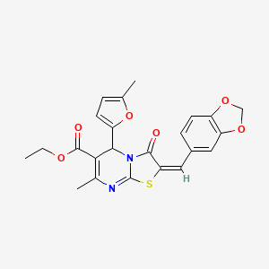 molecular formula C23H20N2O6S B11520326 ethyl (2E)-2-(1,3-benzodioxol-5-ylmethylidene)-7-methyl-5-(5-methylfuran-2-yl)-3-oxo-2,3-dihydro-5H-[1,3]thiazolo[3,2-a]pyrimidine-6-carboxylate 