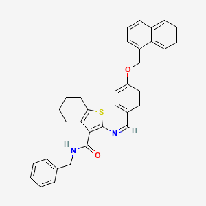 molecular formula C34H30N2O2S B11520402 N-benzyl-2-({(Z)-[4-(naphthalen-1-ylmethoxy)phenyl]methylidene}amino)-4,5,6,7-tetrahydro-1-benzothiophene-3-carboxamide 