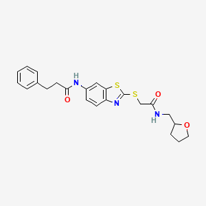 molecular formula C23H25N3O3S2 B11520476 N-[2-({2-oxo-2-[(tetrahydrofuran-2-ylmethyl)amino]ethyl}sulfanyl)-1,3-benzothiazol-6-yl]-3-phenylpropanamide 