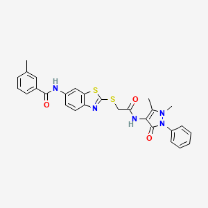 molecular formula C28H25N5O3S2 B11520520 N-[2-({2-[(1,5-dimethyl-3-oxo-2-phenyl-2,3-dihydro-1H-pyrazol-4-yl)amino]-2-oxoethyl}sulfanyl)-1,3-benzothiazol-6-yl]-3-methylbenzamide 