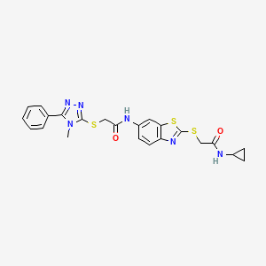 molecular formula C23H22N6O2S3 B11520672 N-(2-Cyclopropylcarbamoylmethylsulfanyl-benzothiazol-6-yl)-2-(4-methyl-5-phenyl-4H-[1,2,4]triazol-3-ylsulfanyl)-acetamide 