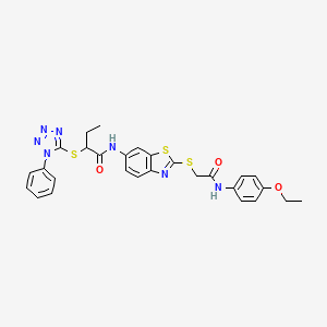 molecular formula C28H27N7O3S3 B11520769 N-[2-({2-[(4-ethoxyphenyl)amino]-2-oxoethyl}sulfanyl)-1,3-benzothiazol-6-yl]-2-[(1-phenyl-1H-tetrazol-5-yl)sulfanyl]butanamide 