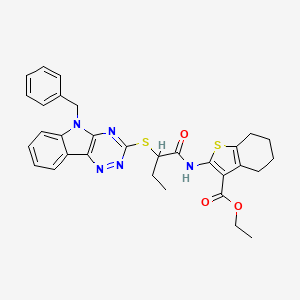 molecular formula C31H31N5O3S2 B11520846 ethyl 2-({2-[(5-benzyl-5H-[1,2,4]triazino[5,6-b]indol-3-yl)sulfanyl]butanoyl}amino)-4,5,6,7-tetrahydro-1-benzothiophene-3-carboxylate 