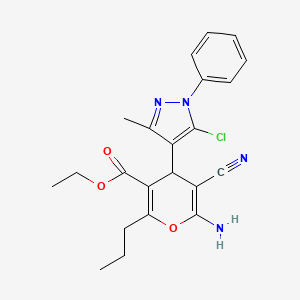 molecular formula C22H23ClN4O3 B11520875 ethyl 6-amino-4-(5-chloro-3-methyl-1-phenyl-1H-pyrazol-4-yl)-5-cyano-2-propyl-4H-pyran-3-carboxylate 