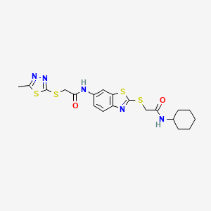 molecular formula C20H23N5O2S4 B11521417 N-(2-{[2-(cyclohexylamino)-2-oxoethyl]sulfanyl}-1,3-benzothiazol-6-yl)-2-[(5-methyl-1,3,4-thiadiazol-2-yl)sulfanyl]acetamide 