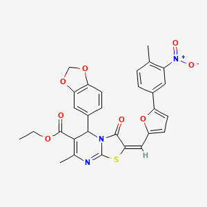 molecular formula C29H23N3O8S B11522736 ethyl (2E)-5-(1,3-benzodioxol-5-yl)-7-methyl-2-{[5-(4-methyl-3-nitrophenyl)furan-2-yl]methylidene}-3-oxo-2,3-dihydro-5H-[1,3]thiazolo[3,2-a]pyrimidine-6-carboxylate 
