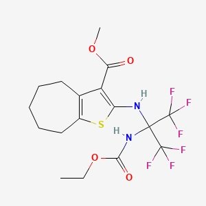 molecular formula C17H20F6N2O4S B11522866 methyl 2-({2-[(ethoxycarbonyl)amino]-1,1,1,3,3,3-hexafluoropropan-2-yl}amino)-5,6,7,8-tetrahydro-4H-cyclohepta[b]thiophene-3-carboxylate 