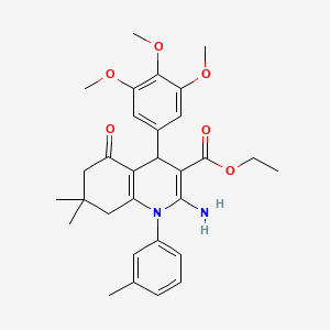 molecular formula C30H36N2O6 B11523661 Ethyl 2-amino-7,7-dimethyl-1-(3-methylphenyl)-5-oxo-4-(3,4,5-trimethoxyphenyl)-1,4,5,6,7,8-hexahydroquinoline-3-carboxylate 
