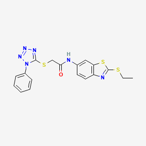 molecular formula C18H16N6OS3 B11523779 N-[2-(ethylsulfanyl)-1,3-benzothiazol-6-yl]-2-[(1-phenyl-1H-tetrazol-5-yl)sulfanyl]acetamide 