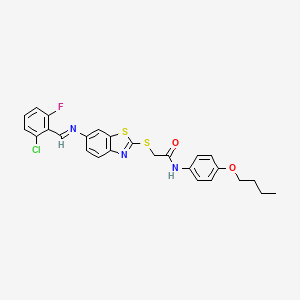 molecular formula C26H23ClFN3O2S2 B11523801 N-(4-butoxyphenyl)-2-[(6-{[(E)-(2-chloro-6-fluorophenyl)methylidene]amino}-1,3-benzothiazol-2-yl)sulfanyl]acetamide 