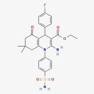 molecular formula C26H28FN3O5S B11524195 Ethyl 2-amino-4-(4-fluorophenyl)-7,7-dimethyl-5-oxo-1-(4-sulfamoylphenyl)-1,4,5,6,7,8-hexahydroquinoline-3-carboxylate 