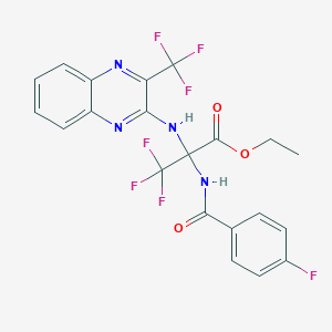 molecular formula C21H15F7N4O3 B11524361 Ethyl 3,3,3-trifluoro-2-[(4-fluorophenyl)formamido]-2-{[3-(trifluoromethyl)quinoxalin-2-YL]amino}propanoate 