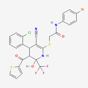molecular formula C26H18BrClF3N3O3S2 B11524653 N-(4-bromophenyl)-2-{[4-(2-chlorophenyl)-3-cyano-6-hydroxy-5-(thiophen-2-ylcarbonyl)-6-(trifluoromethyl)-1,4,5,6-tetrahydropyridin-2-yl]sulfanyl}acetamide 