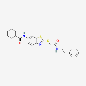 molecular formula C24H27N3O2S2 B11524748 N-[2-({2-oxo-2-[(2-phenylethyl)amino]ethyl}sulfanyl)-1,3-benzothiazol-6-yl]cyclohexanecarboxamide 