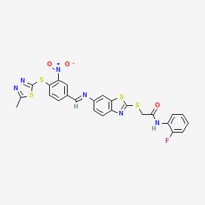 molecular formula C25H17FN6O3S4 B11524861 N-(2-fluorophenyl)-2-[(6-{[(E)-{4-[(5-methyl-1,3,4-thiadiazol-2-yl)sulfanyl]-3-nitrophenyl}methylidene]amino}-1,3-benzothiazol-2-yl)sulfanyl]acetamide 