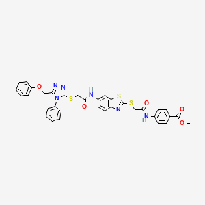 molecular formula C34H28N6O5S3 B11525262 methyl 4-{[({6-[({[5-(phenoxymethyl)-4-phenyl-4H-1,2,4-triazol-3-yl]sulfanyl}acetyl)amino]-1,3-benzothiazol-2-yl}sulfanyl)acetyl]amino}benzoate 