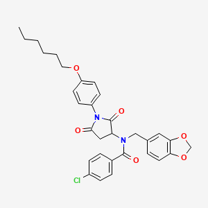 molecular formula C31H31ClN2O6 B11525381 N-(1,3-benzodioxol-5-ylmethyl)-4-chloro-N-{1-[4-(hexyloxy)phenyl]-2,5-dioxopyrrolidin-3-yl}benzamide 