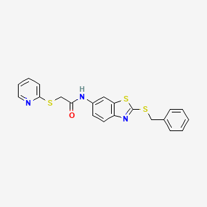 molecular formula C21H17N3OS3 B11525424 N-[2-(benzylsulfanyl)-1,3-benzothiazol-6-yl]-2-(pyridin-2-ylsulfanyl)acetamide 