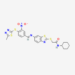 molecular formula C25H24N6O3S4 B11525531 N-cyclohexyl-2-[(6-{[(E)-{4-[(5-methyl-1,3,4-thiadiazol-2-yl)sulfanyl]-3-nitrophenyl}methylidene]amino}-1,3-benzothiazol-2-yl)sulfanyl]acetamide 