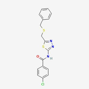 molecular formula C17H14ClN3OS2 B11525760 N-{5-[(benzylsulfanyl)methyl]-1,3,4-thiadiazol-2-yl}-4-chlorobenzamide 