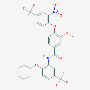 molecular formula C28H24F6N2O6 B11525909 N-[2-(cyclohexyloxy)-5-(trifluoromethyl)phenyl]-3-methoxy-4-[2-nitro-4-(trifluoromethyl)phenoxy]benzamide 