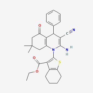 molecular formula C29H31N3O3S B11526023 ethyl 2-(2-amino-3-cyano-7,7-dimethyl-5-oxo-4-phenyl-5,6,7,8-tetrahydroquinolin-1(4H)-yl)-4,5,6,7-tetrahydro-1-benzothiophene-3-carboxylate 