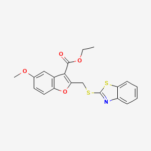 molecular formula C20H17NO4S2 B11526062 Ethyl 2-[(1,3-benzothiazol-2-ylsulfanyl)methyl]-5-methoxy-1-benzofuran-3-carboxylate 