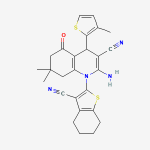 molecular formula C26H26N4OS2 B11526411 2-Amino-1-(3-cyano-4,5,6,7-tetrahydro-1-benzothiophen-2-yl)-7,7-dimethyl-4-(3-methylthiophen-2-yl)-5-oxo-1,4,5,6,7,8-hexahydroquinoline-3-carbonitrile 